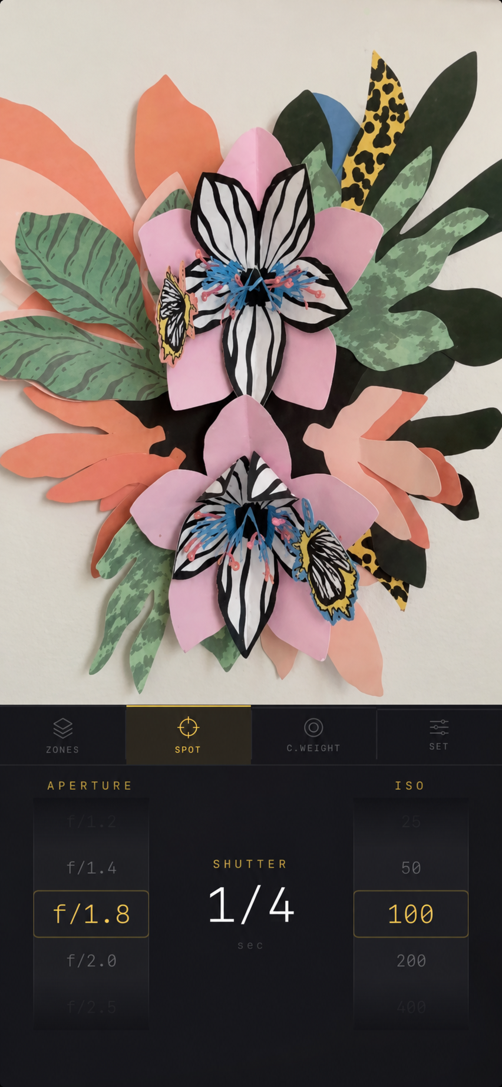 Silver Meter measuring a colorful floral artwork